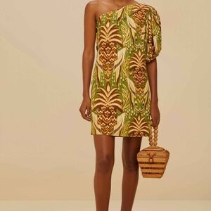 FARM Rio Green and Brown One Shoulder Dress